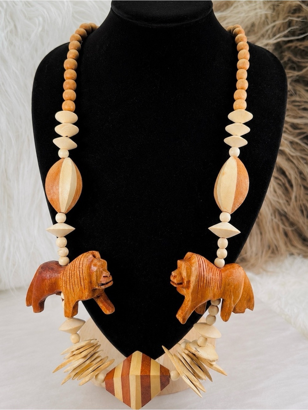 Artisan Wooden Animal Bead Statement Necklace Natural Tones